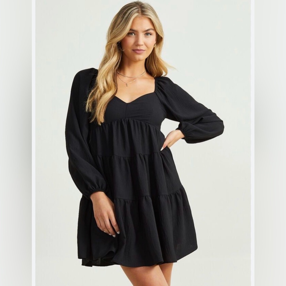 Altar'd State Black Long Sleeve Mini Tiered Dress